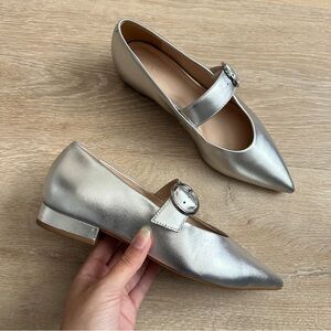 Maeve Anthropologie Mary Jane Silver Metallic Point Toe Flat 36
